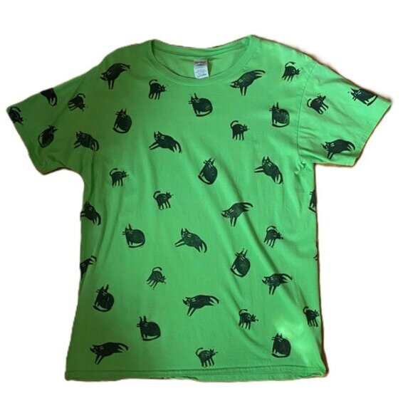 Vintage 90s cats kitty graphic 100% cotton T shirt tee top in green - Picture 5 of 14